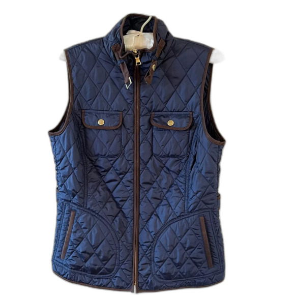 Banana Republic Vest Size M Blue Brown Trim Zip Up Quilted Pockets Women's - Picture 2 of 8